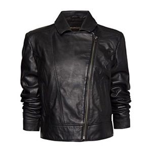 MANGO Women's Black Genuine Leather Slouchy Zip Asymmetrical Jacket US Small